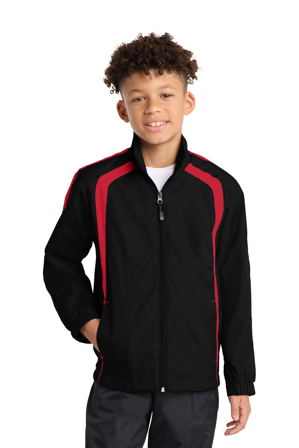 Custom logo Sport-Tek® Youth Colorblock Raglan Jacket. YST60 in Black/ True Red