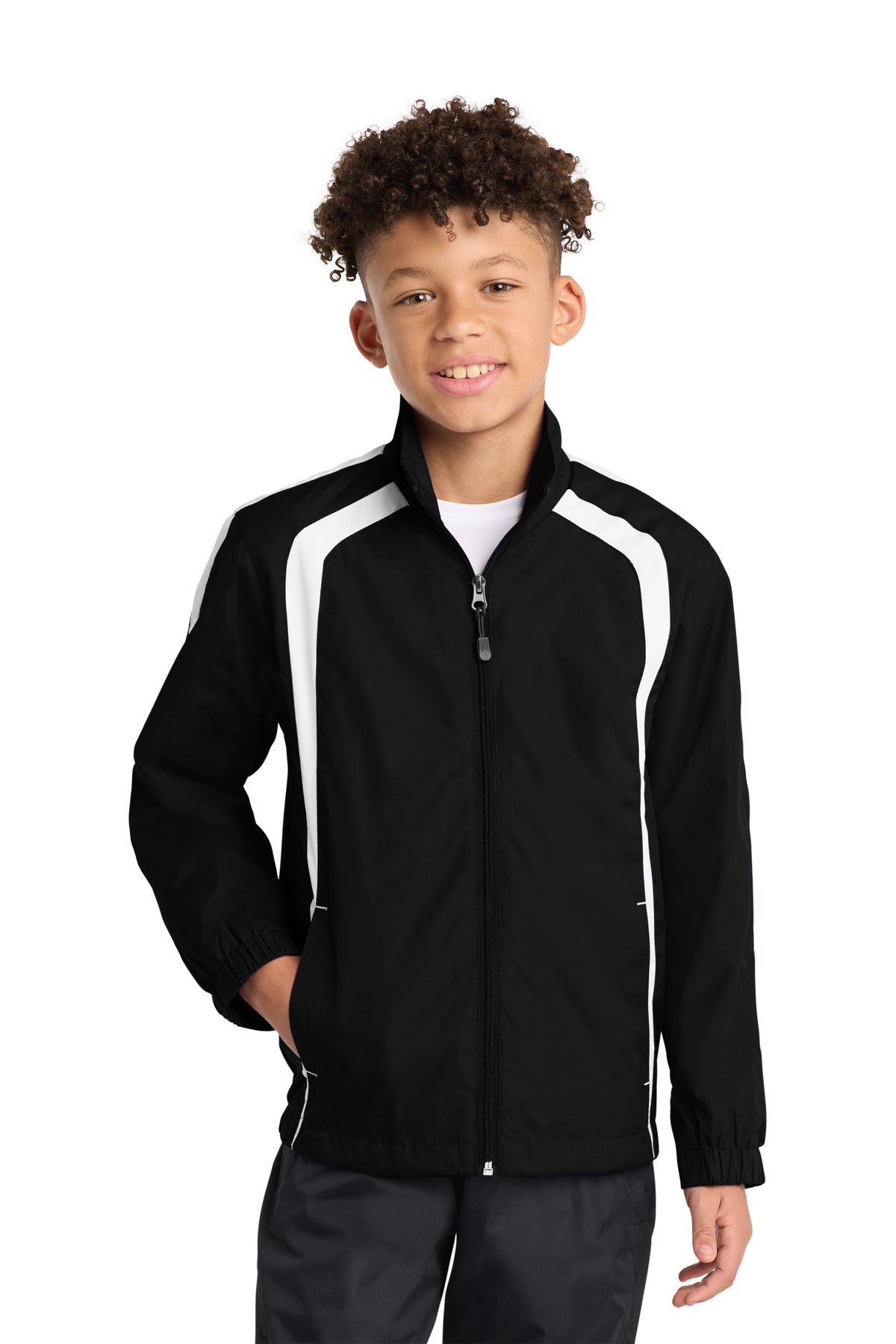 Custom logo Sport-Tek® Youth Colorblock Raglan Jacket. YST60 in Black/ White