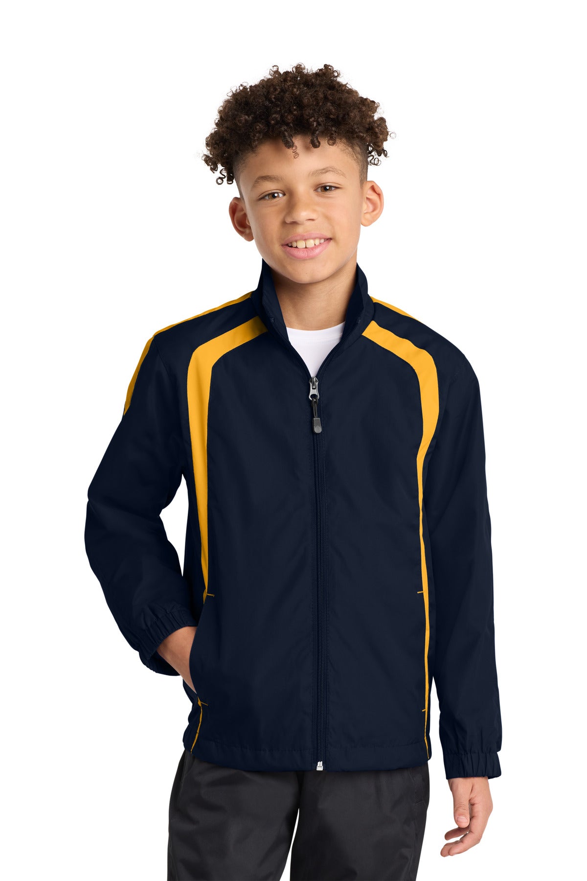 Custom logo Sport-Tek® Youth Colorblock Raglan Jacket. YST60 in True Navy/ Gold
