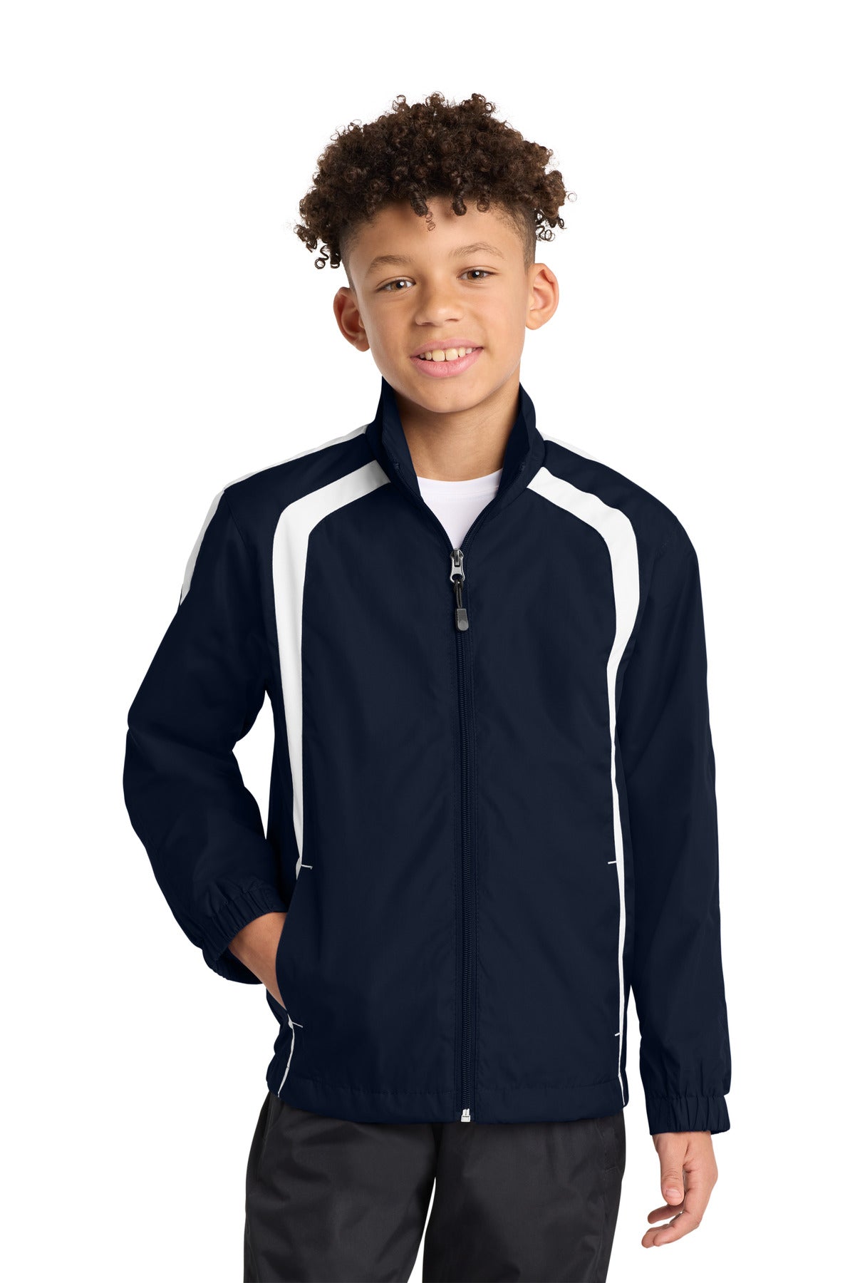 Custom logo Sport-Tek® Youth Colorblock Raglan Jacket. YST60 in True Navy/ White