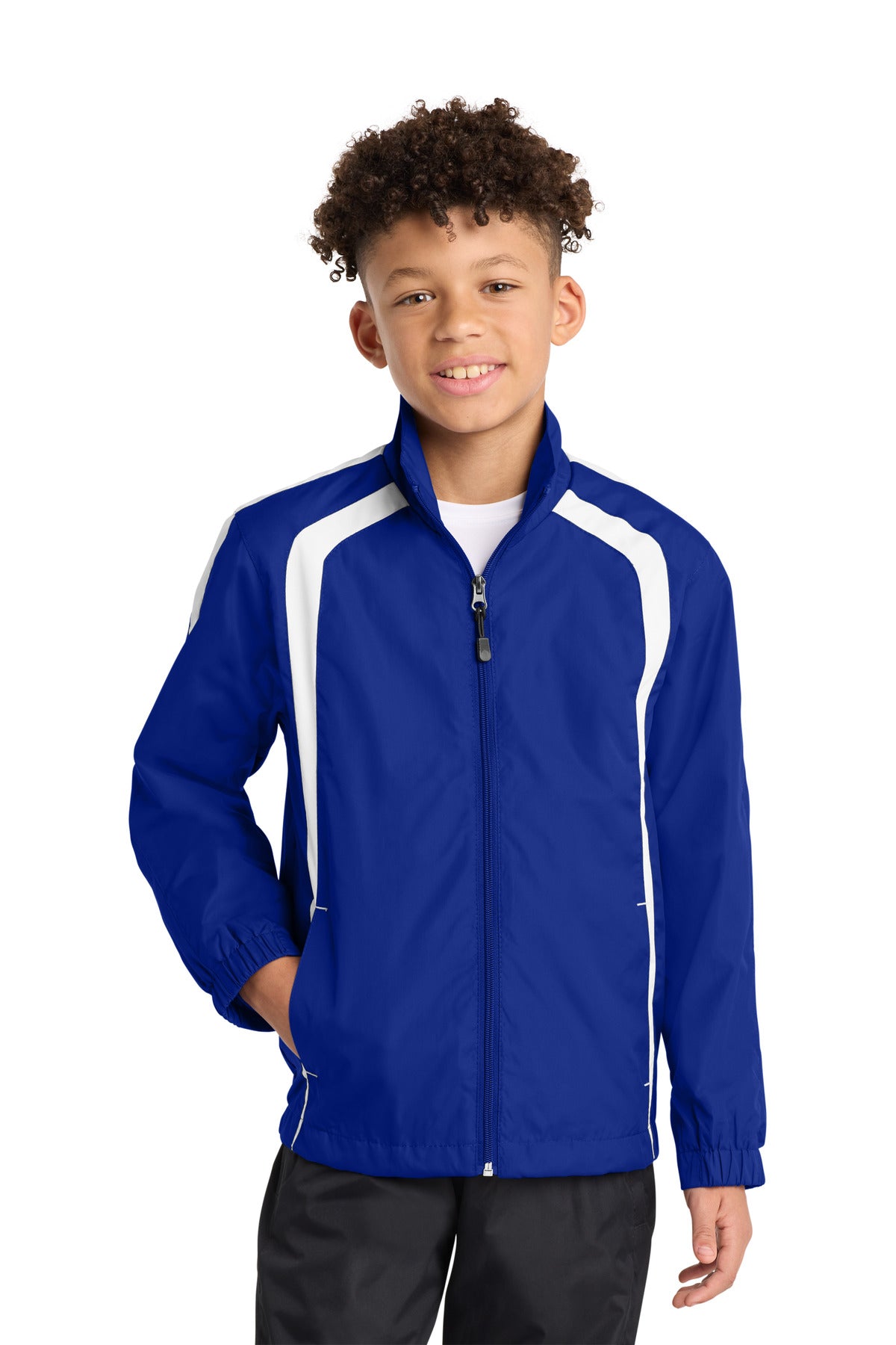 Custom logo Sport-Tek® Youth Colorblock Raglan Jacket. YST60 in True Royal/ White