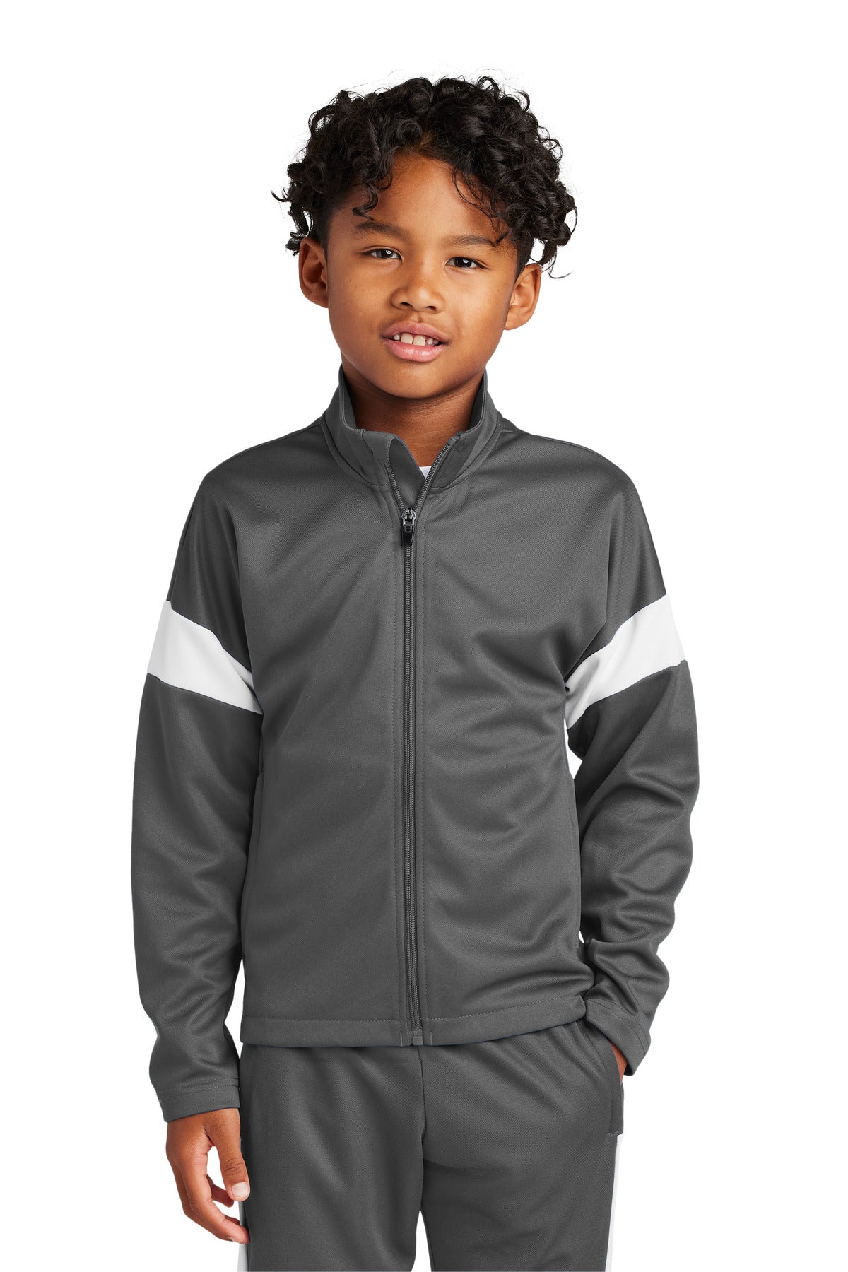 Custom logo Sport-Tek® Youth Travel Full-Zip Jacket YST800 in Iron Grey/ White
