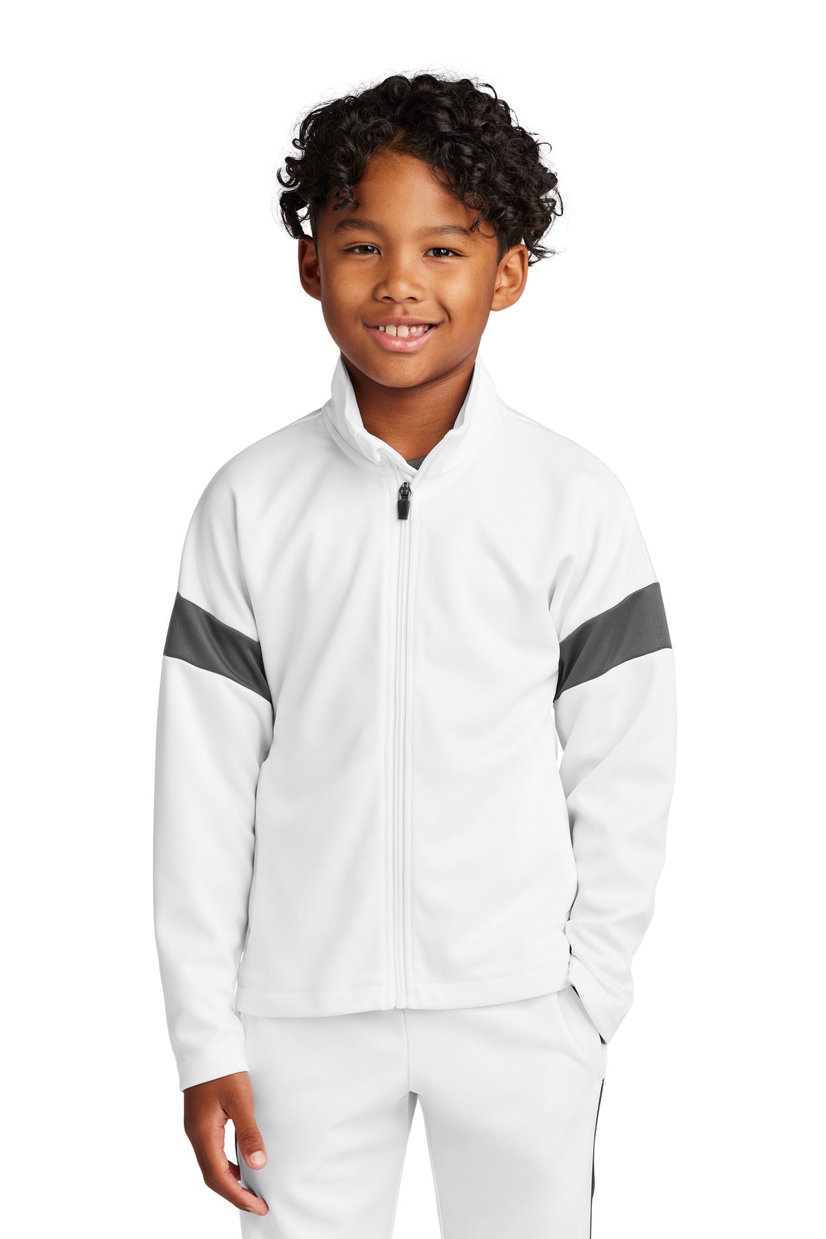 Custom logo Sport-Tek® Youth Travel Full-Zip Jacket YST800 in White/ Iron Grey