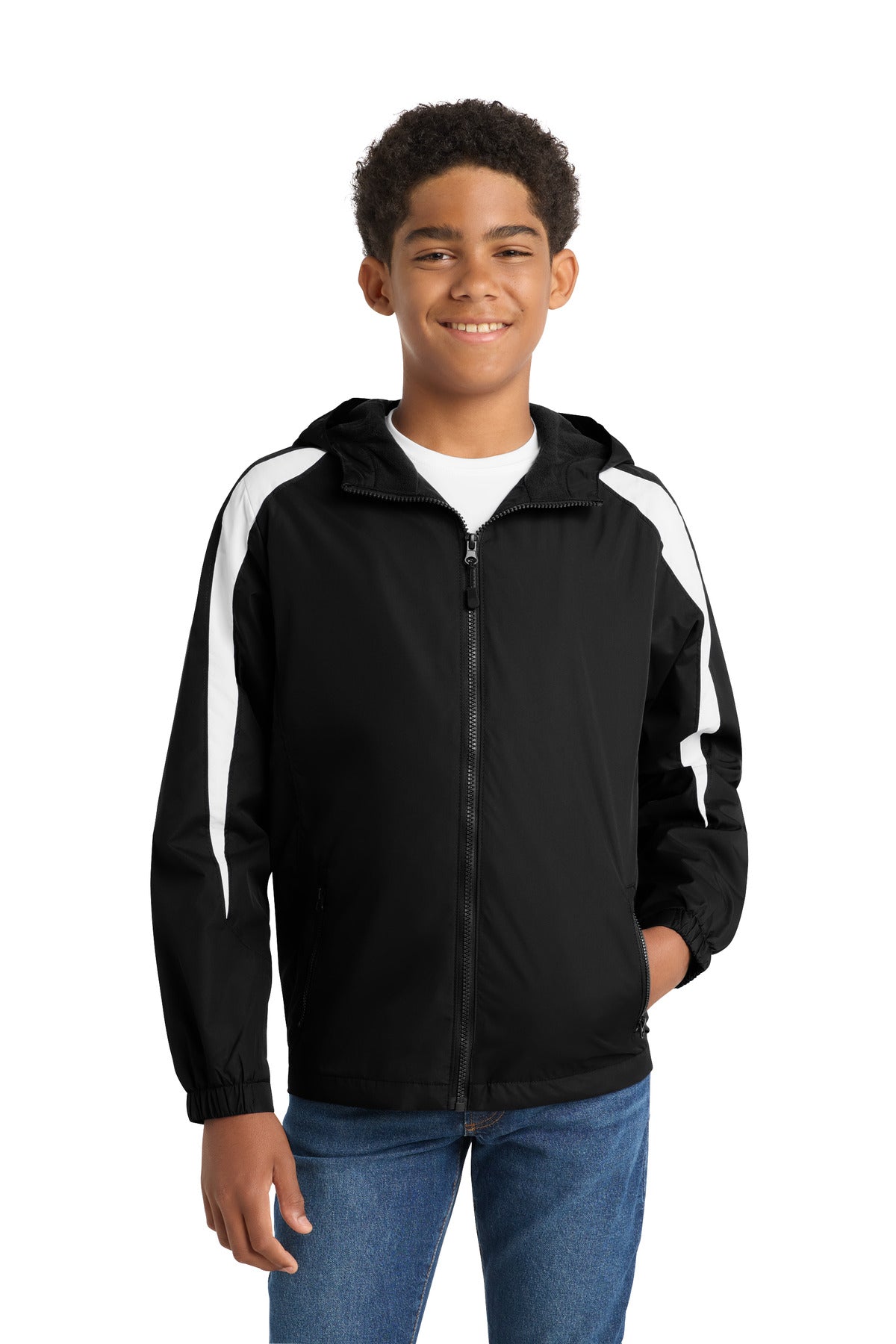 Custom logo Sport-Tek® Youth Fleece-Lined Colorblock Jacket. YST81 in Black/ White