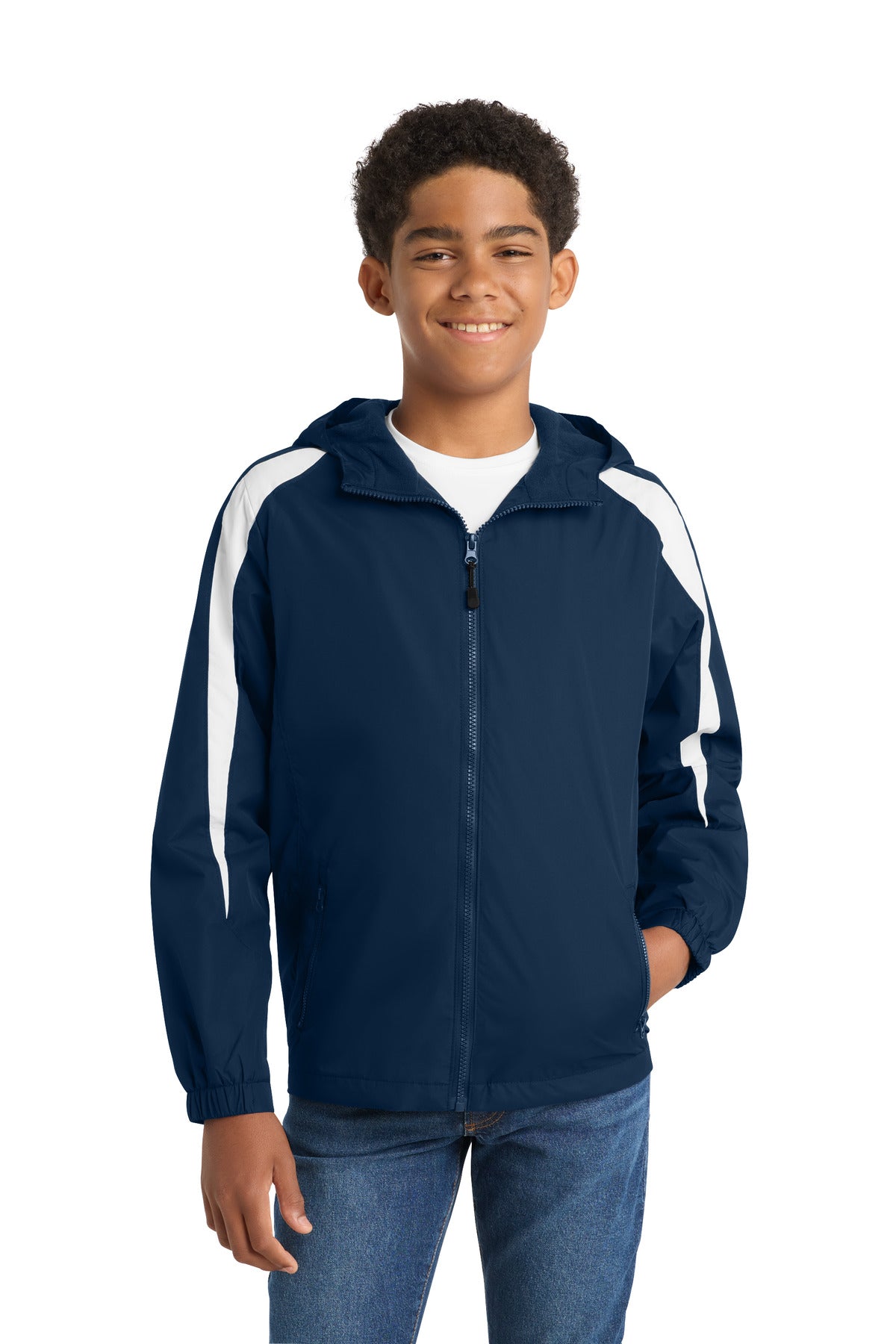 Custom logo Sport-Tek® Youth Fleece-Lined Colorblock Jacket. YST81 in True Navy/ White