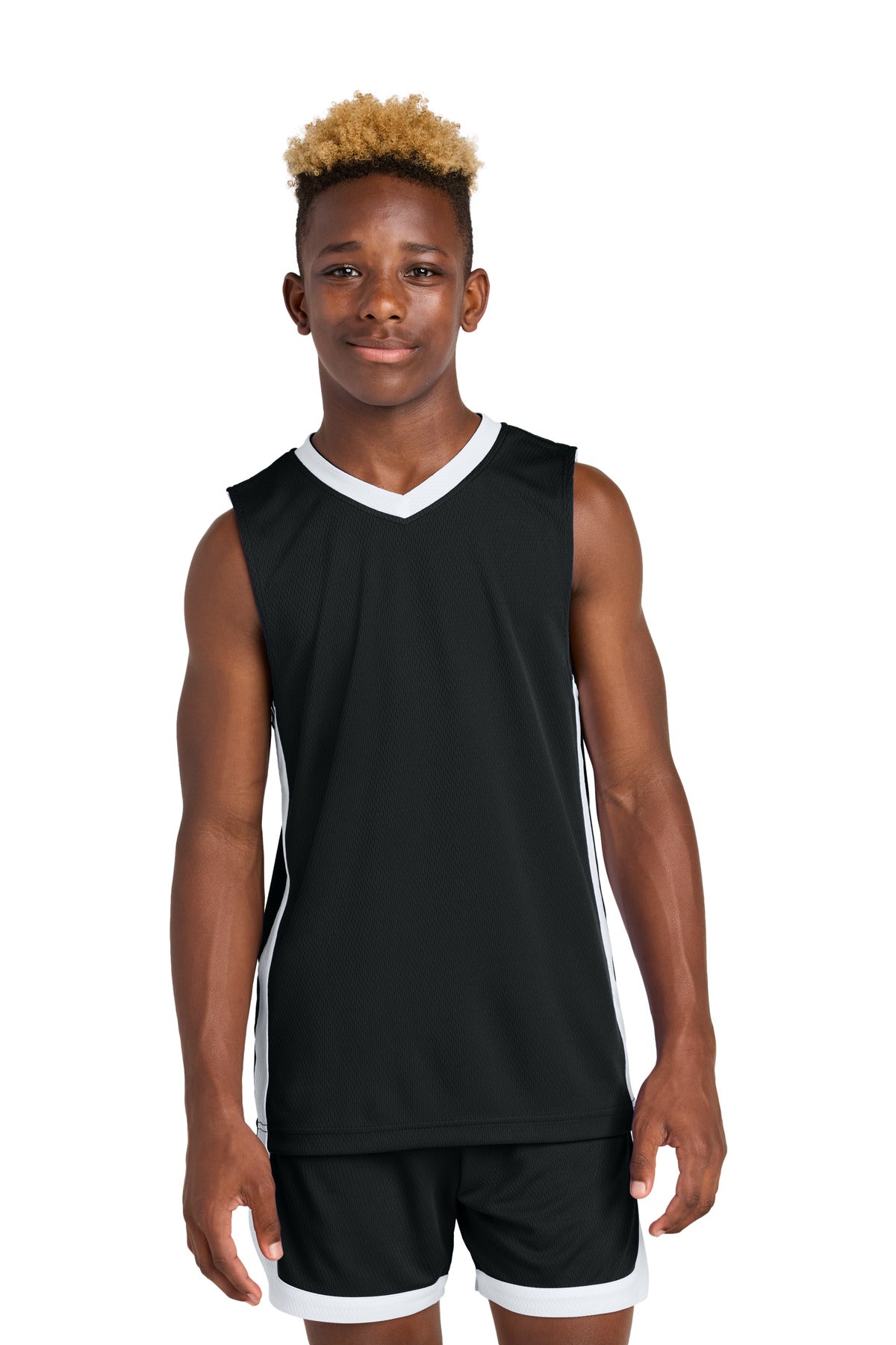Custom logo Sport-Tek® Youth Rival Basketball Rev Jersey YST900 in Black/ White