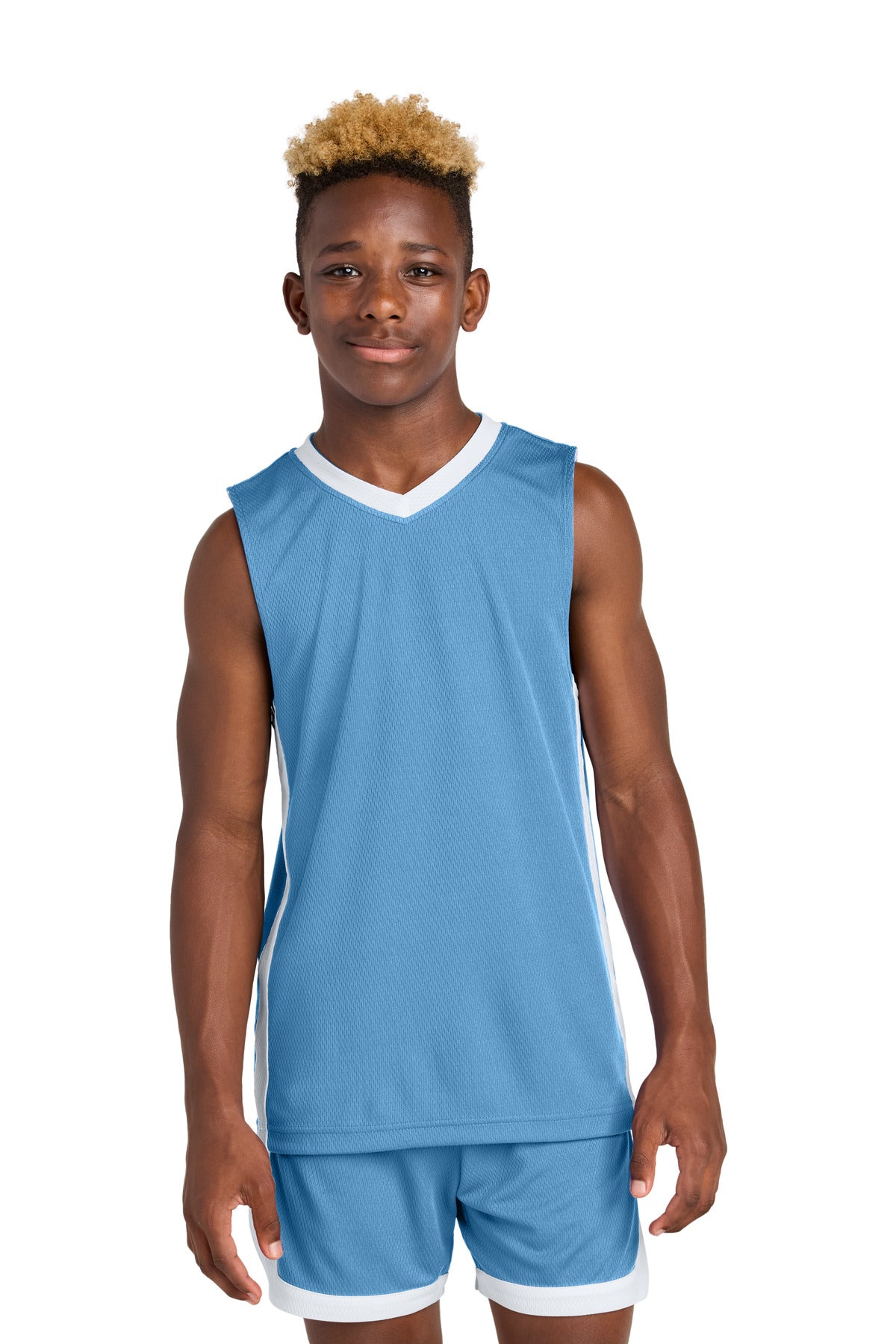 Custom logo Sport-Tek® Youth Rival Basketball Rev Jersey YST900 in Carolina Blue/ White