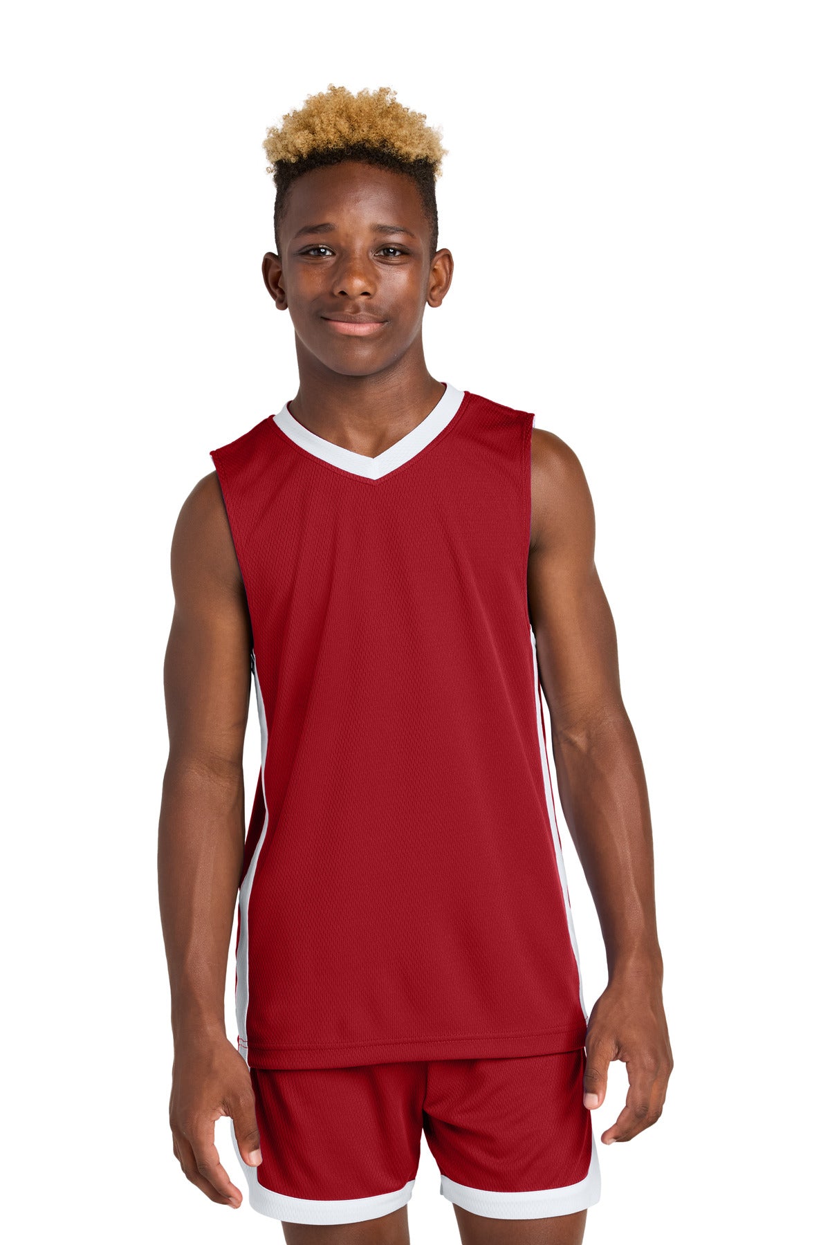 Custom logo Sport-Tek® Youth Rival Basketball Rev Jersey YST900 in Deep Red/ White