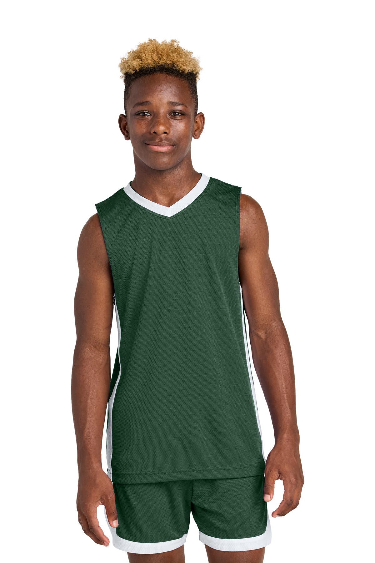 Custom logo Sport-Tek® Youth Rival Basketball Rev Jersey YST900 in Forest Green/ White
