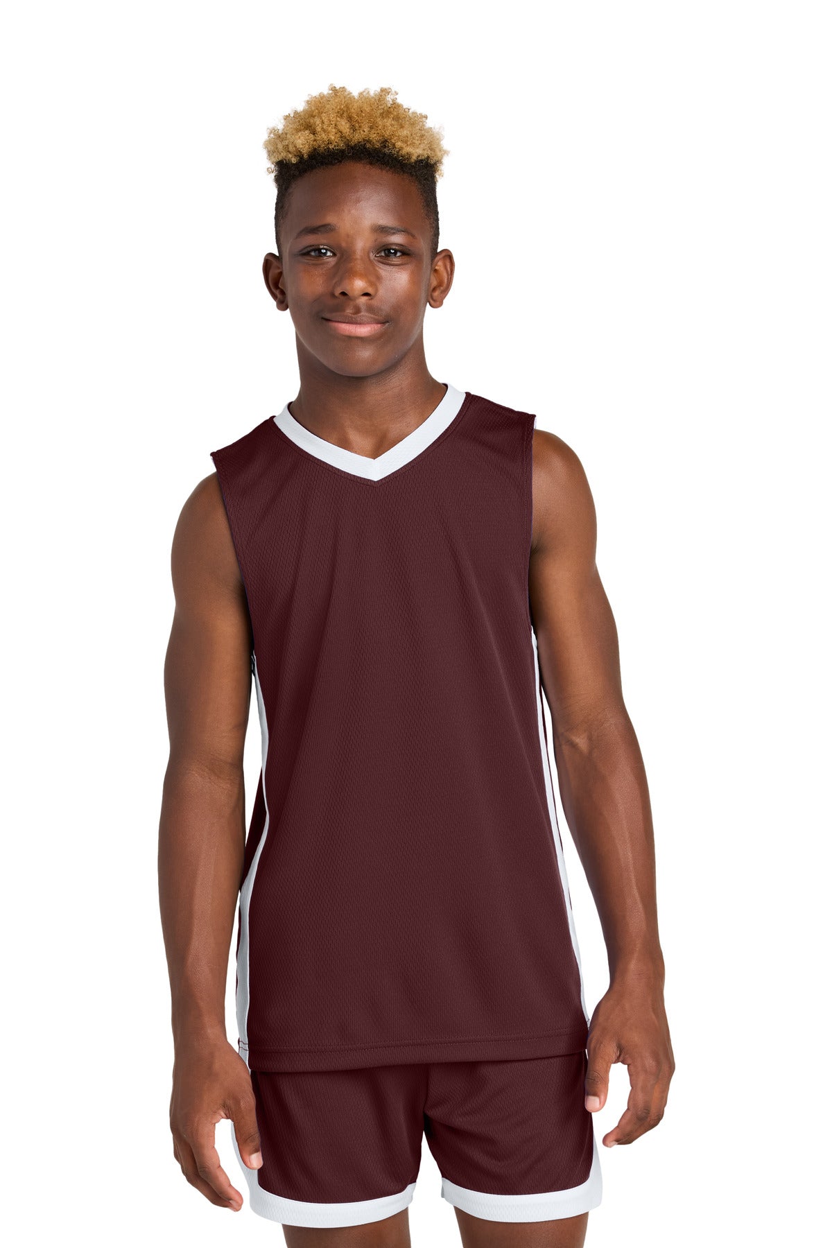 Custom logo Sport-Tek® Youth Rival Basketball Rev Jersey YST900 in Maroon/ White