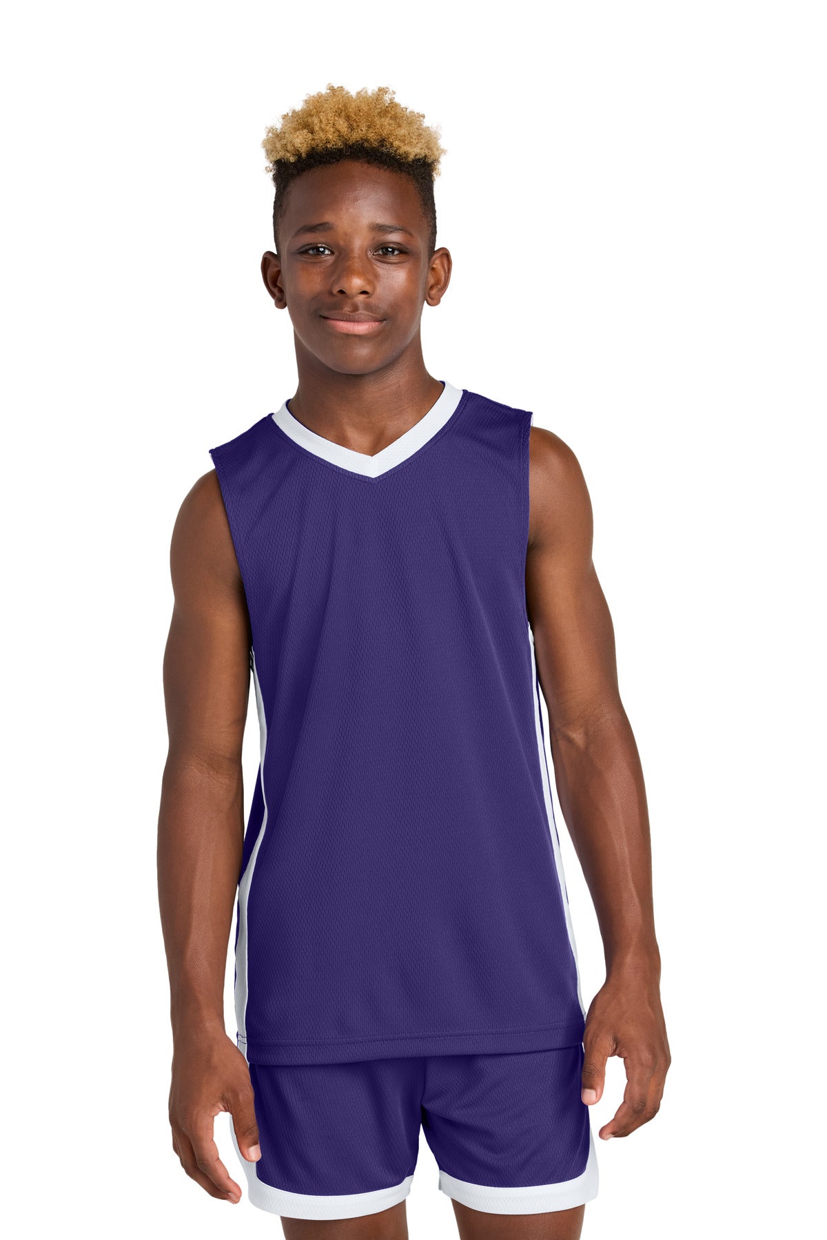 Custom logo Sport-Tek® Youth Rival Basketball Rev Jersey YST900 in Purple/ White