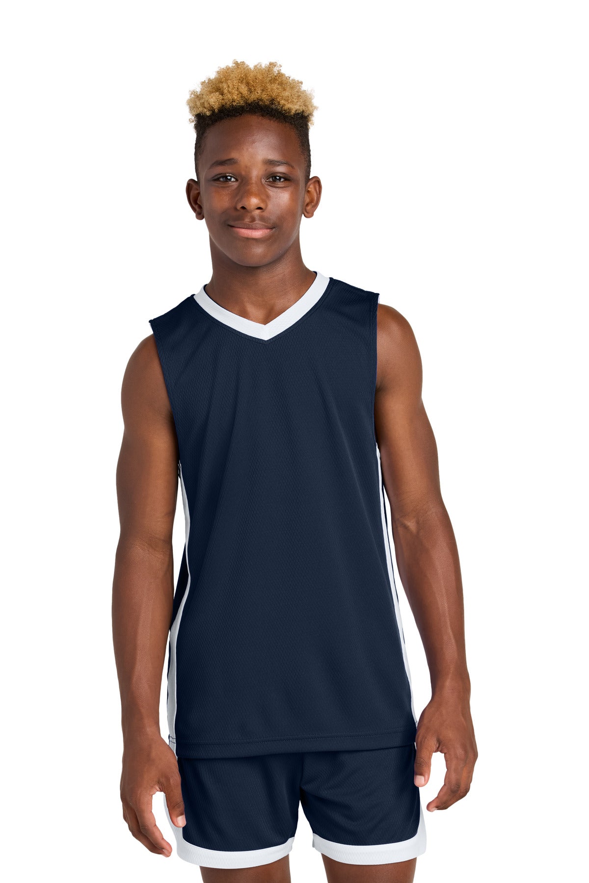 Custom logo Sport-Tek® Youth Rival Basketball Rev Jersey YST900 in True Navy/ White