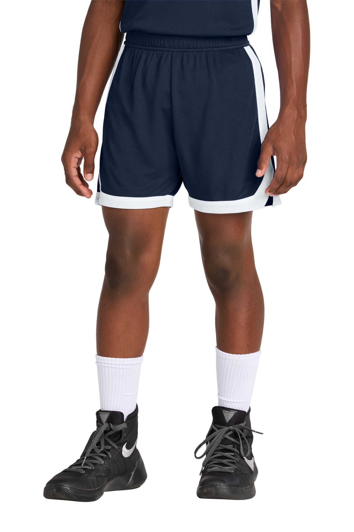 Custom logo Sport-Tek® Youth Rival Basketball 5  Short YST901 in True Navy/ White