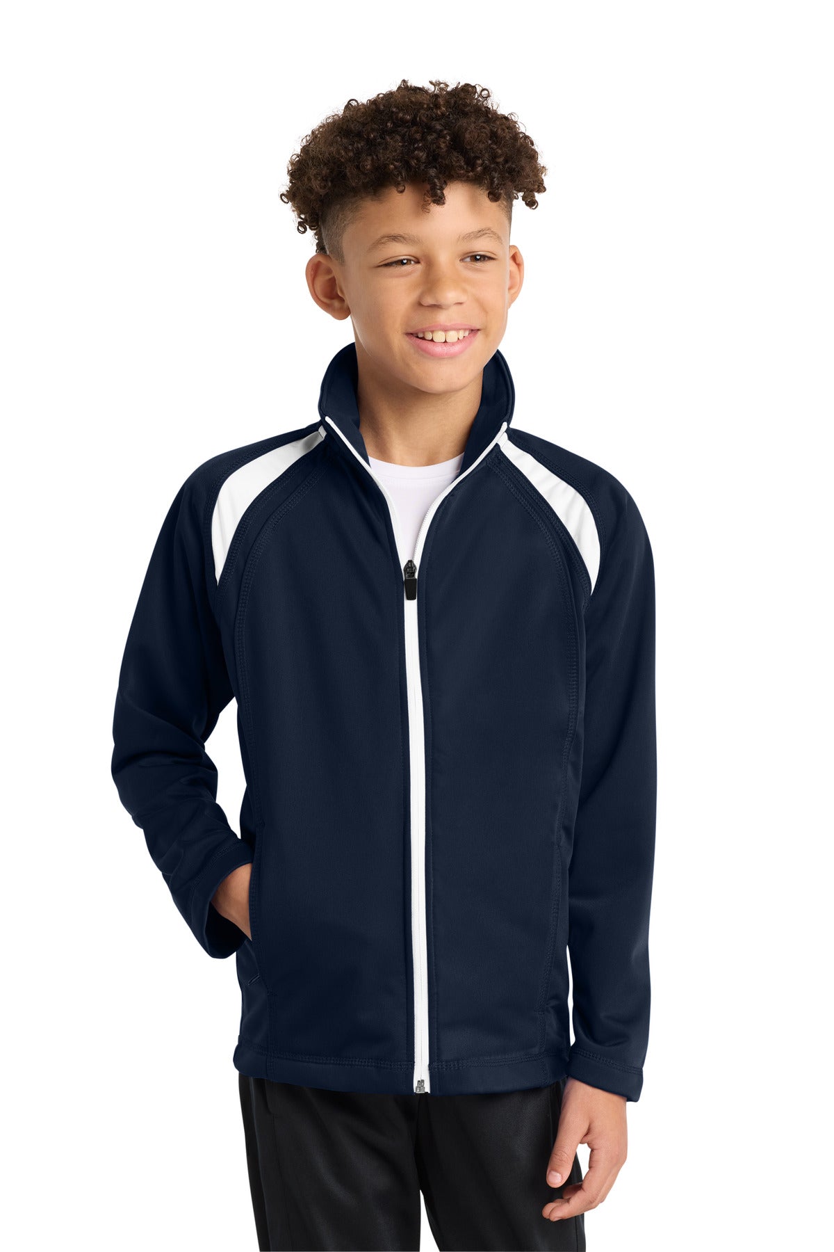 Custom logo Sport-Tek® Youth Tricot Track Jacket. YST90 in True Navy/ White