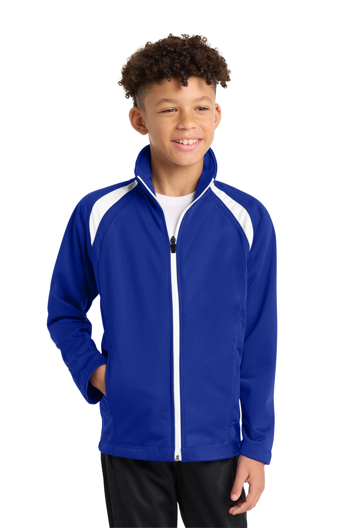 Custom logo Sport-Tek® Youth Tricot Track Jacket. YST90 in True Royal/ White