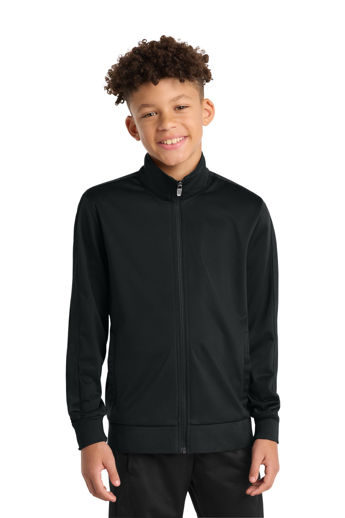 Custom logo Sport-Tek ® Youth Tricot Sleeve Stripe Track Jacket. YST94 in Black/ Black