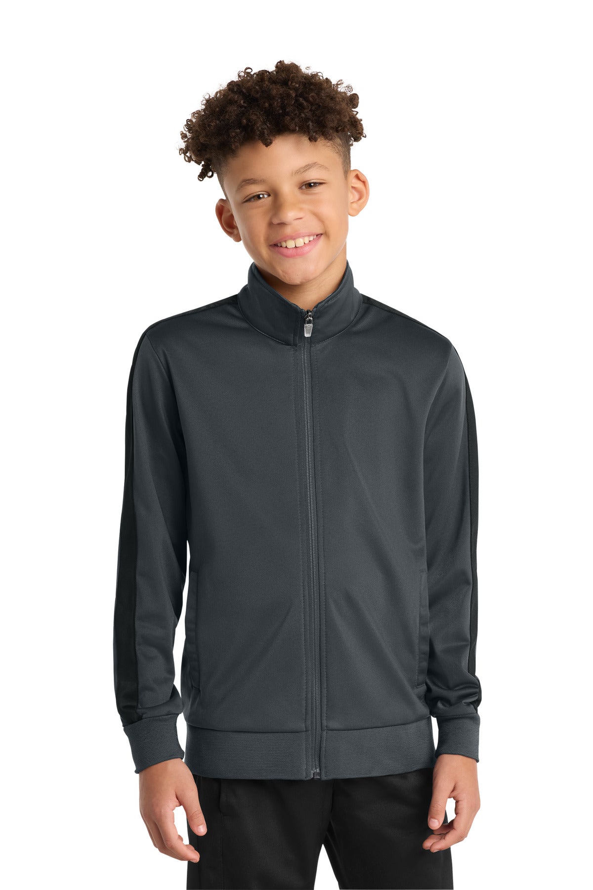 Custom logo Sport-Tek ® Youth Tricot Sleeve Stripe Track Jacket. YST94 in Graphite/ Black