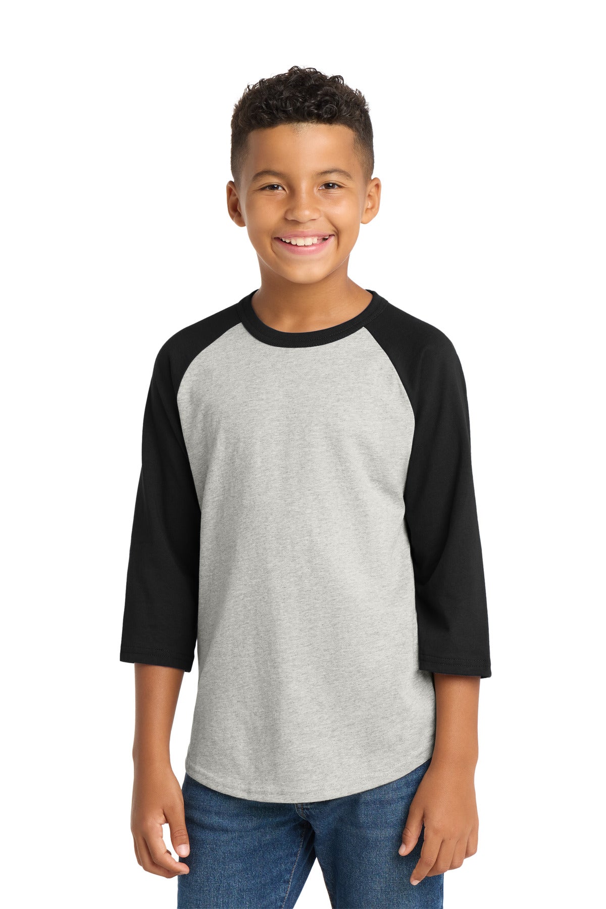 Custom logo Sport-Tek® Youth Colorblock Raglan Jersey.  YT200 in Heather Grey/ Black