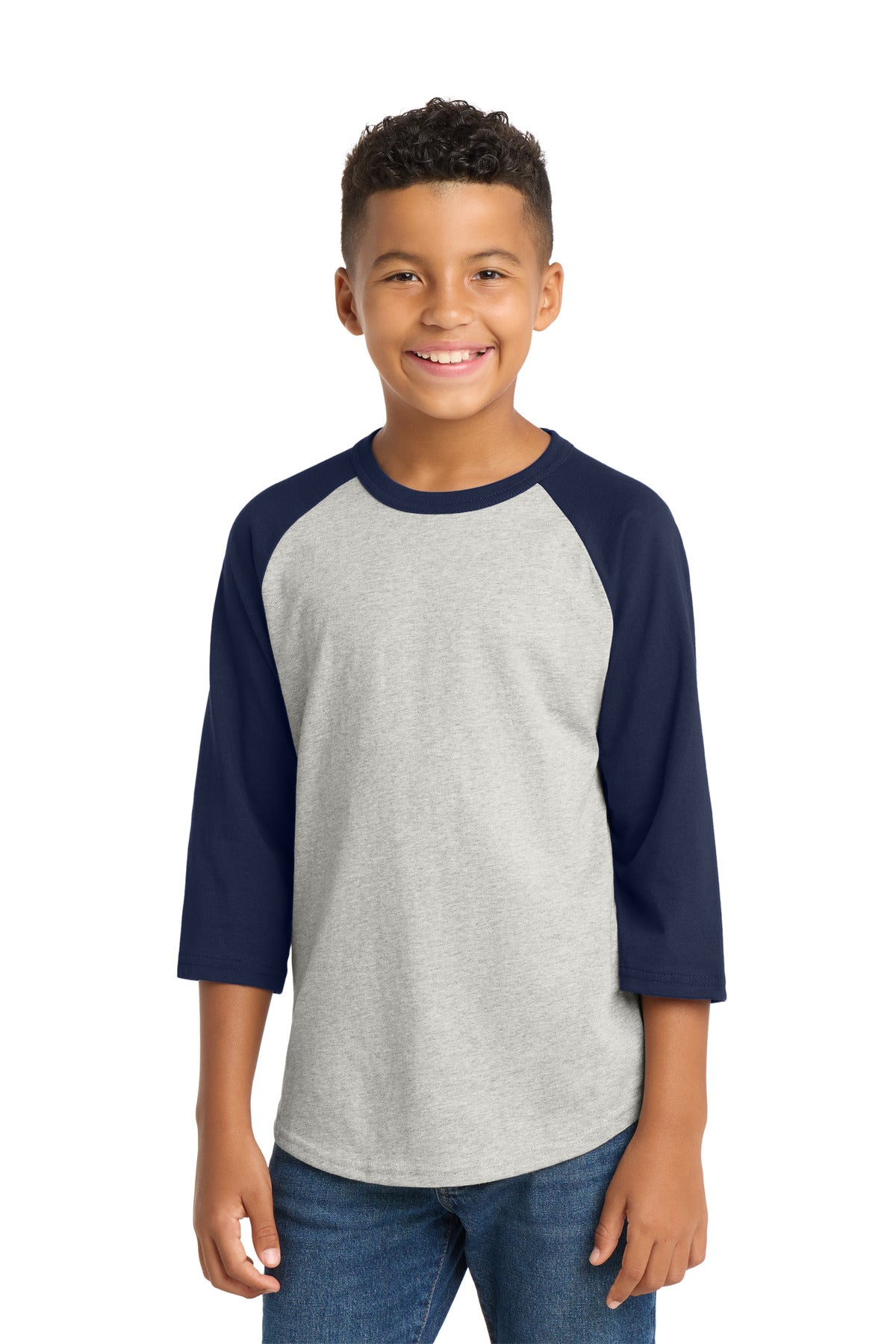 Custom logo Sport-Tek® Youth Colorblock Raglan Jersey.  YT200 in Heather Grey/ Navy