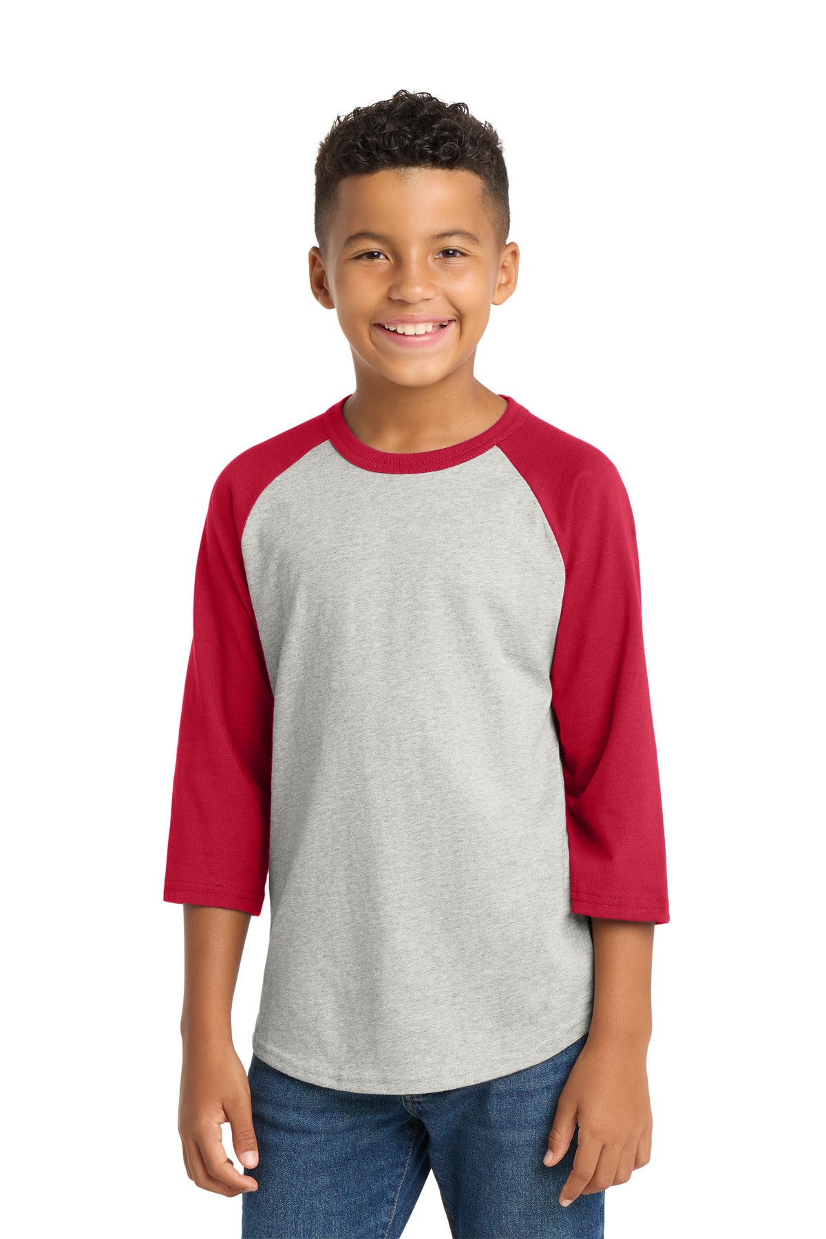 Custom logo Sport-Tek® Youth Colorblock Raglan Jersey.  YT200 in Heather Grey/ Red