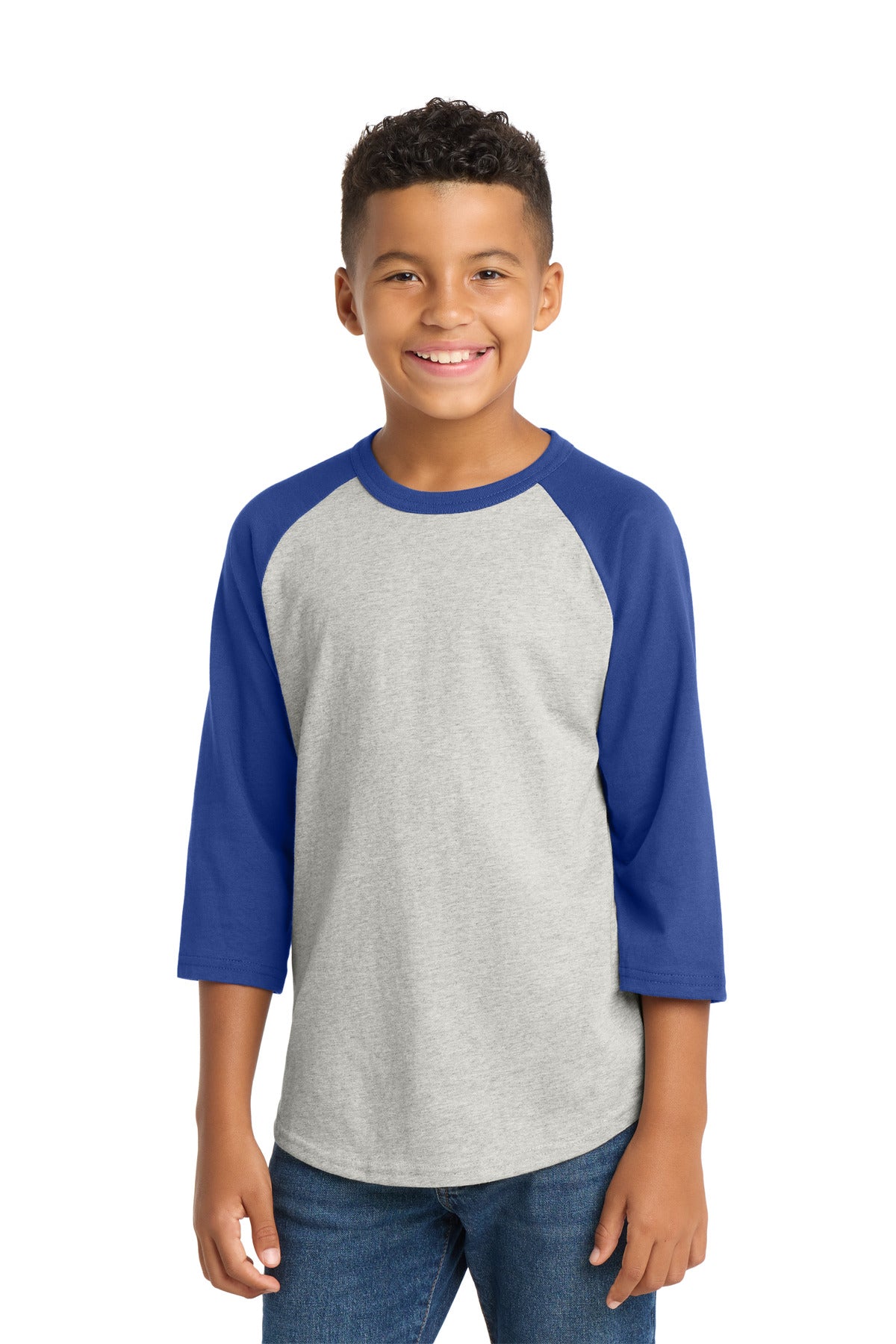 Custom logo Sport-Tek® Youth Colorblock Raglan Jersey.  YT200 in Heather Grey/ Royal