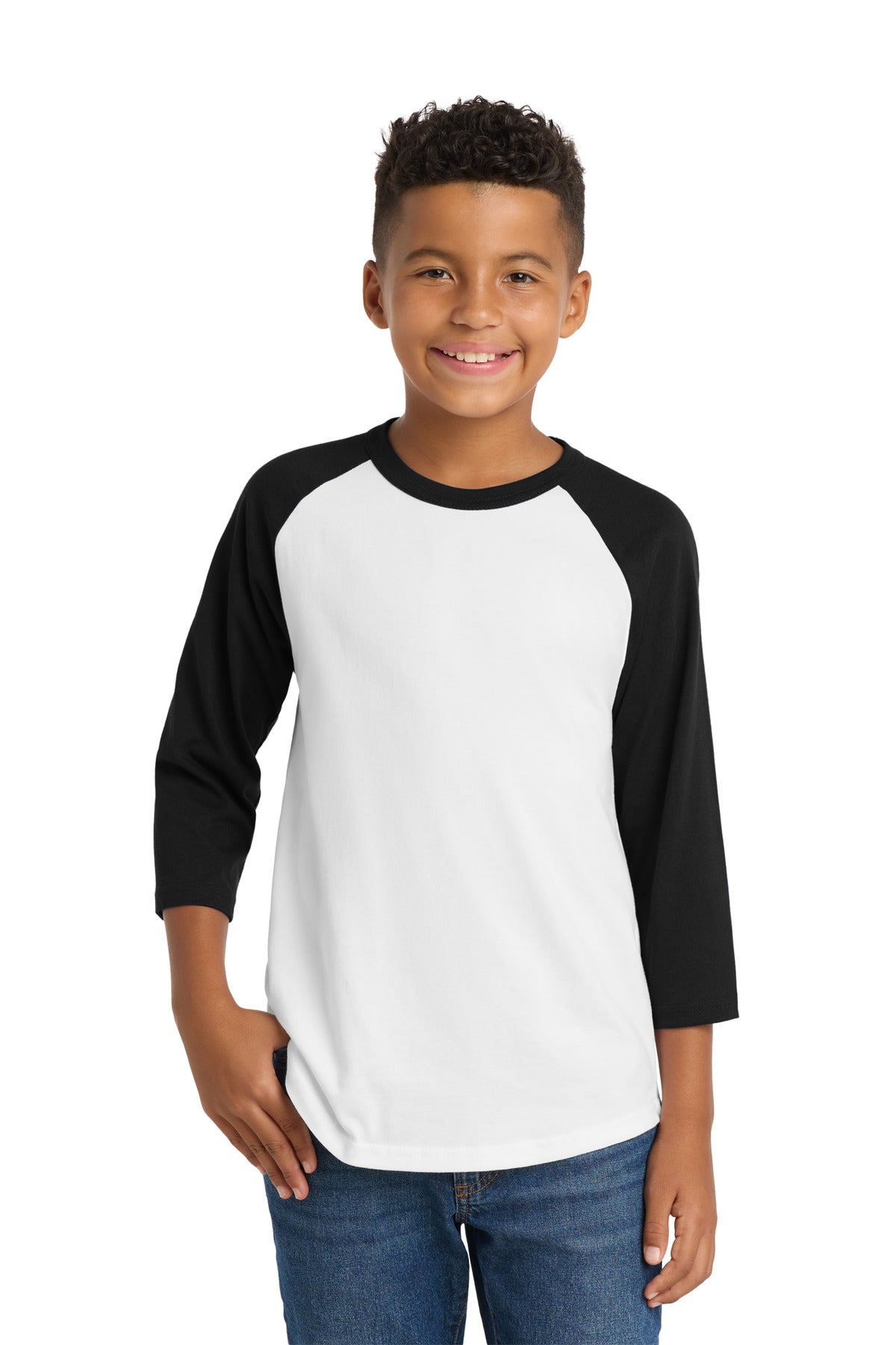 Custom logo Sport-Tek® Youth Colorblock Raglan Jersey.  YT200 in White/ Black