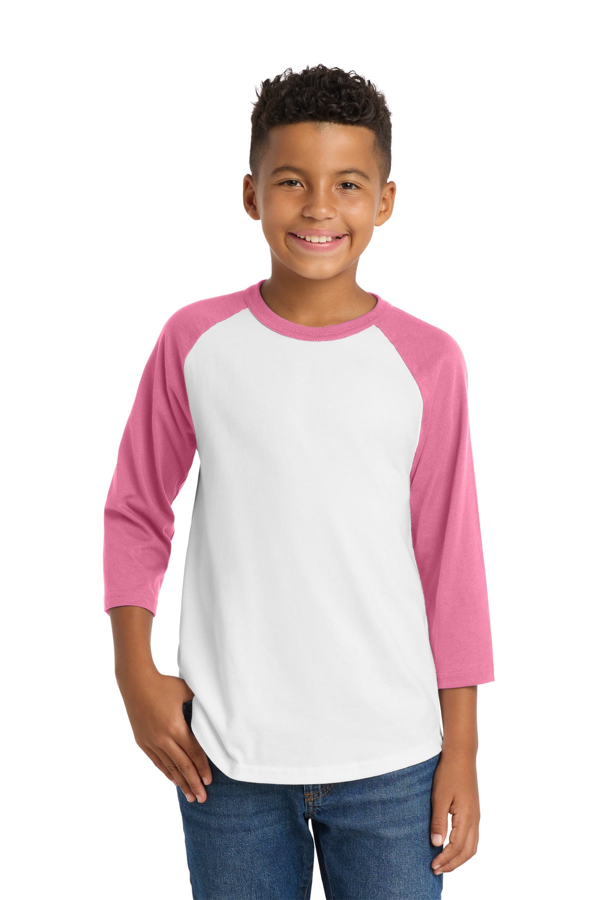 Custom logo Sport-Tek® Youth Colorblock Raglan Jersey.  YT200 in White/ Bright Pink