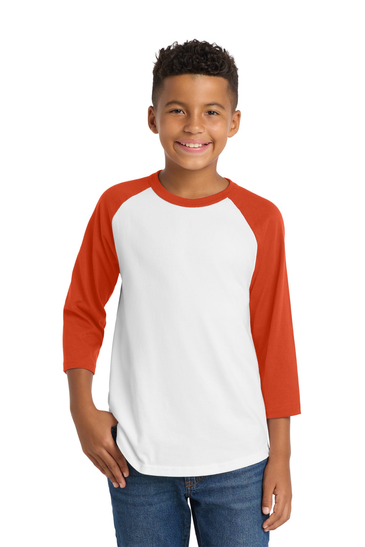 Custom logo Sport-Tek® Youth Colorblock Raglan Jersey.  YT200 in White/ Deep Orange