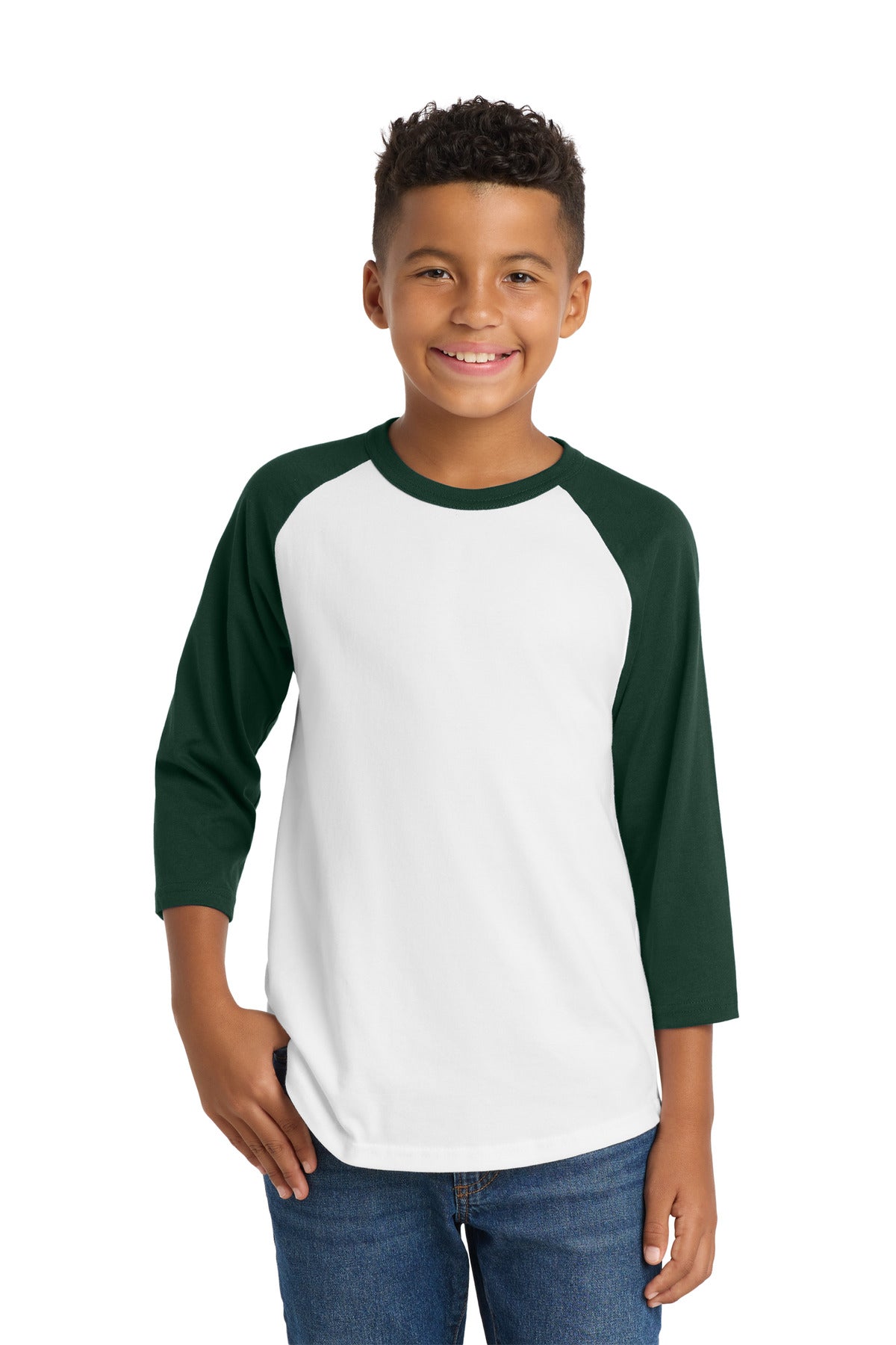 Custom logo Sport-Tek® Youth Colorblock Raglan Jersey.  YT200 in White/ Forest