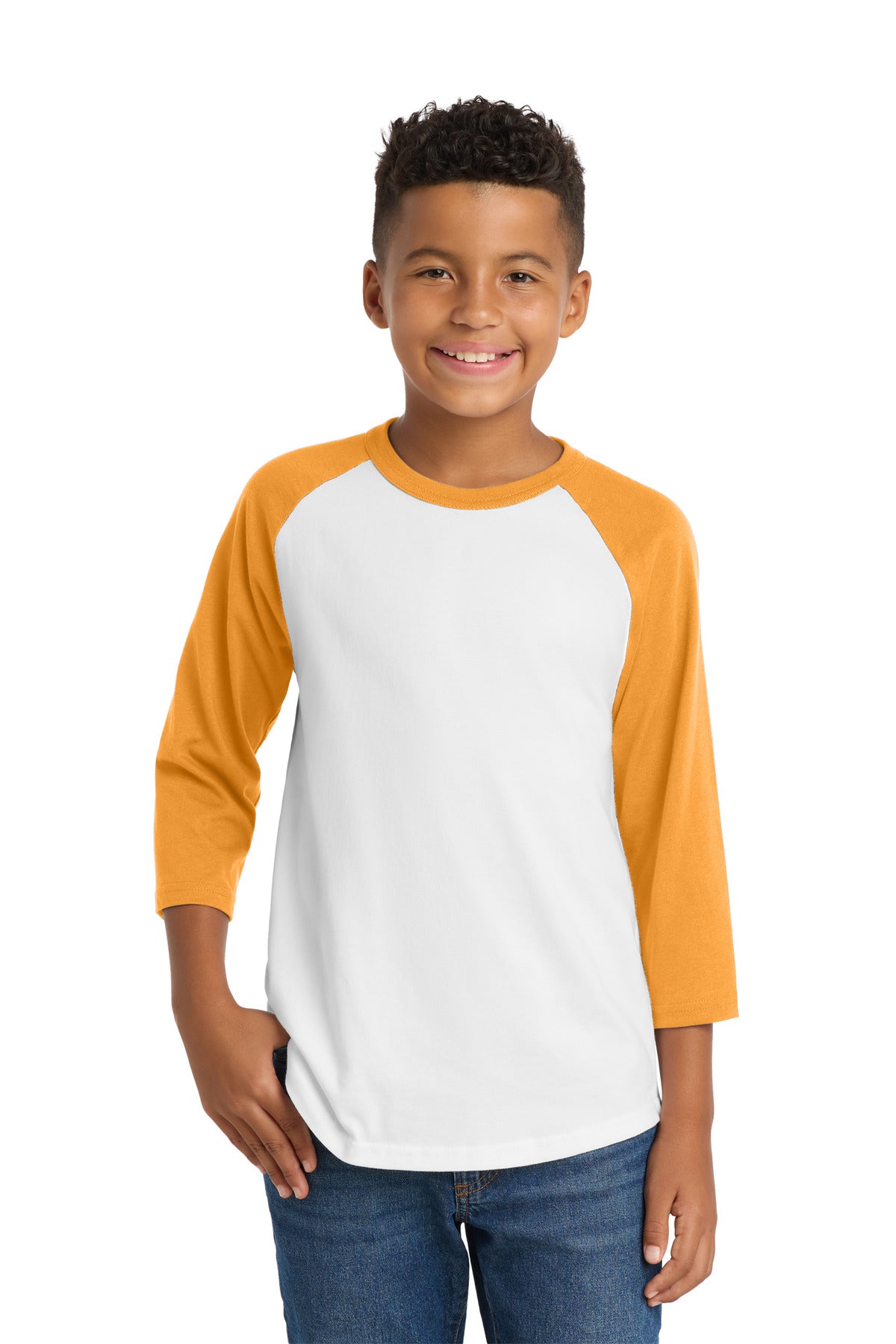 Custom logo Sport-Tek® Youth Colorblock Raglan Jersey.  YT200 in White/ Gold