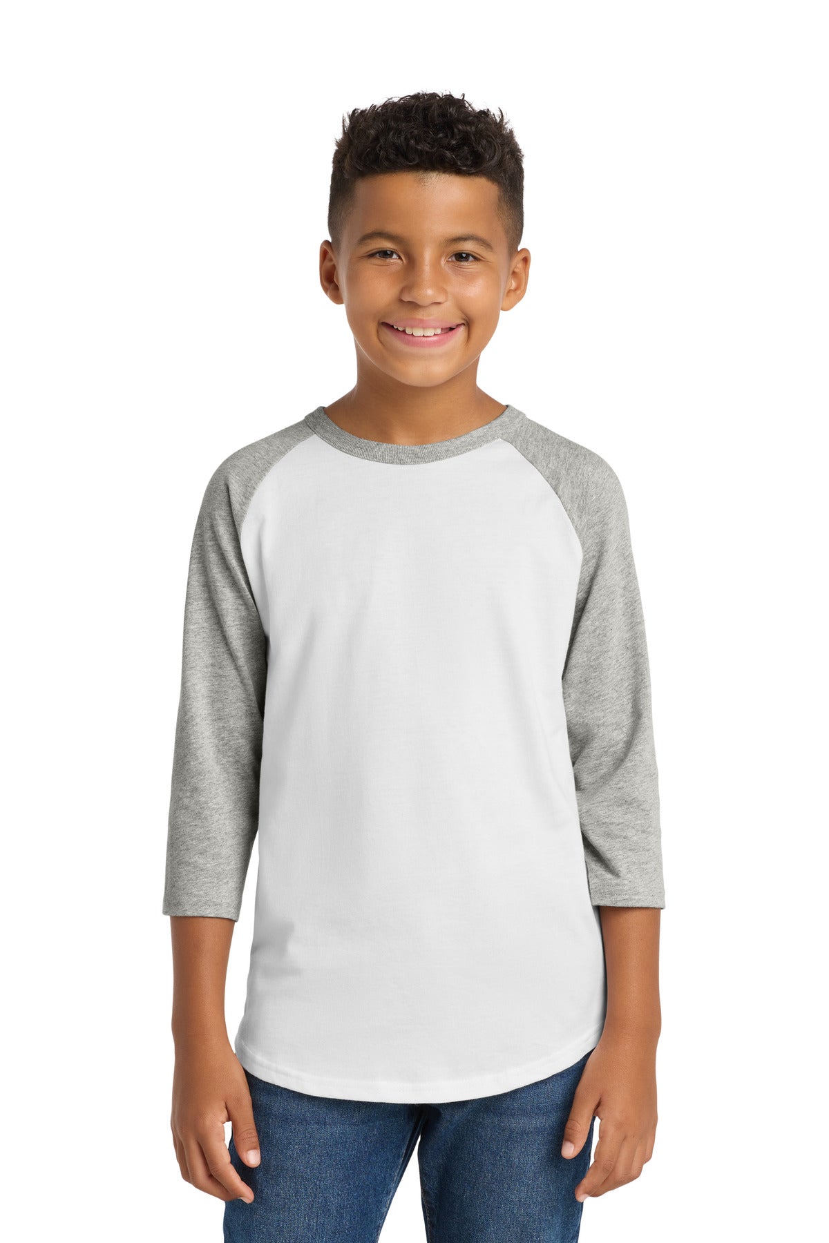 Custom logo Sport-Tek® Youth Colorblock Raglan Jersey.  YT200 in White/ Heather Grey