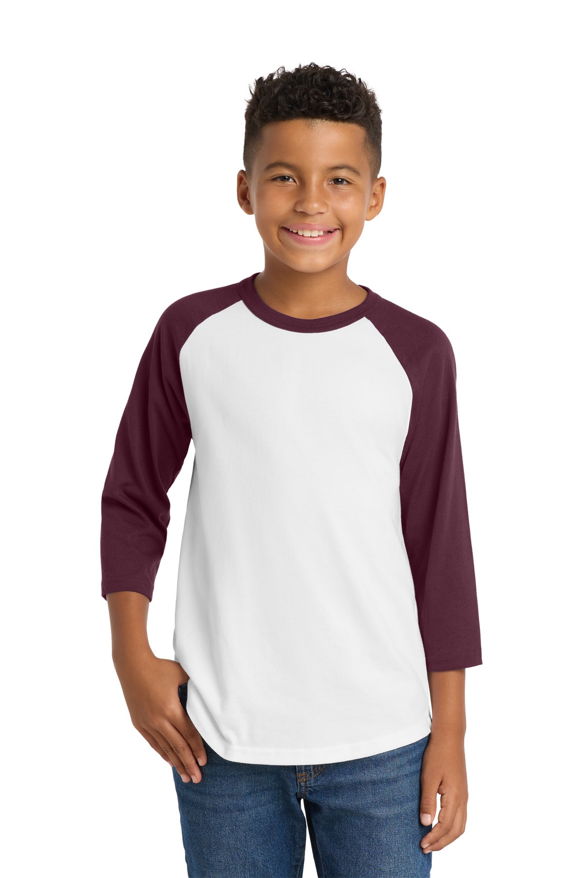 Custom logo Sport-Tek® Youth Colorblock Raglan Jersey.  YT200 in White/ Maroon