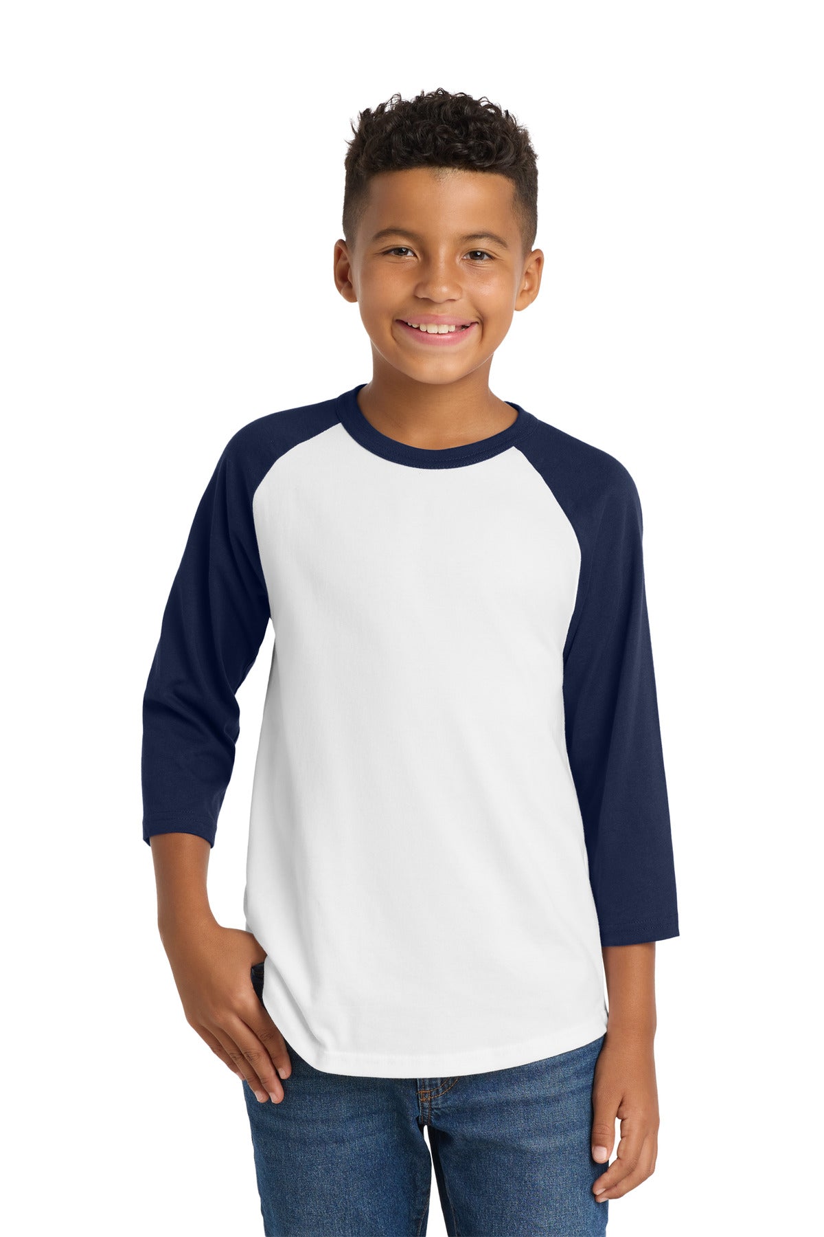 Custom logo Sport-Tek® Youth Colorblock Raglan Jersey.  YT200 in White/ Navy