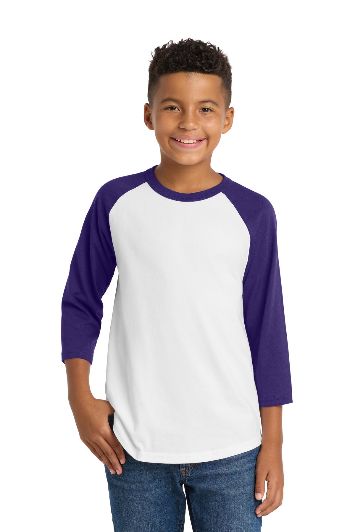Custom logo Sport-Tek® Youth Colorblock Raglan Jersey.  YT200 in White/ Purple