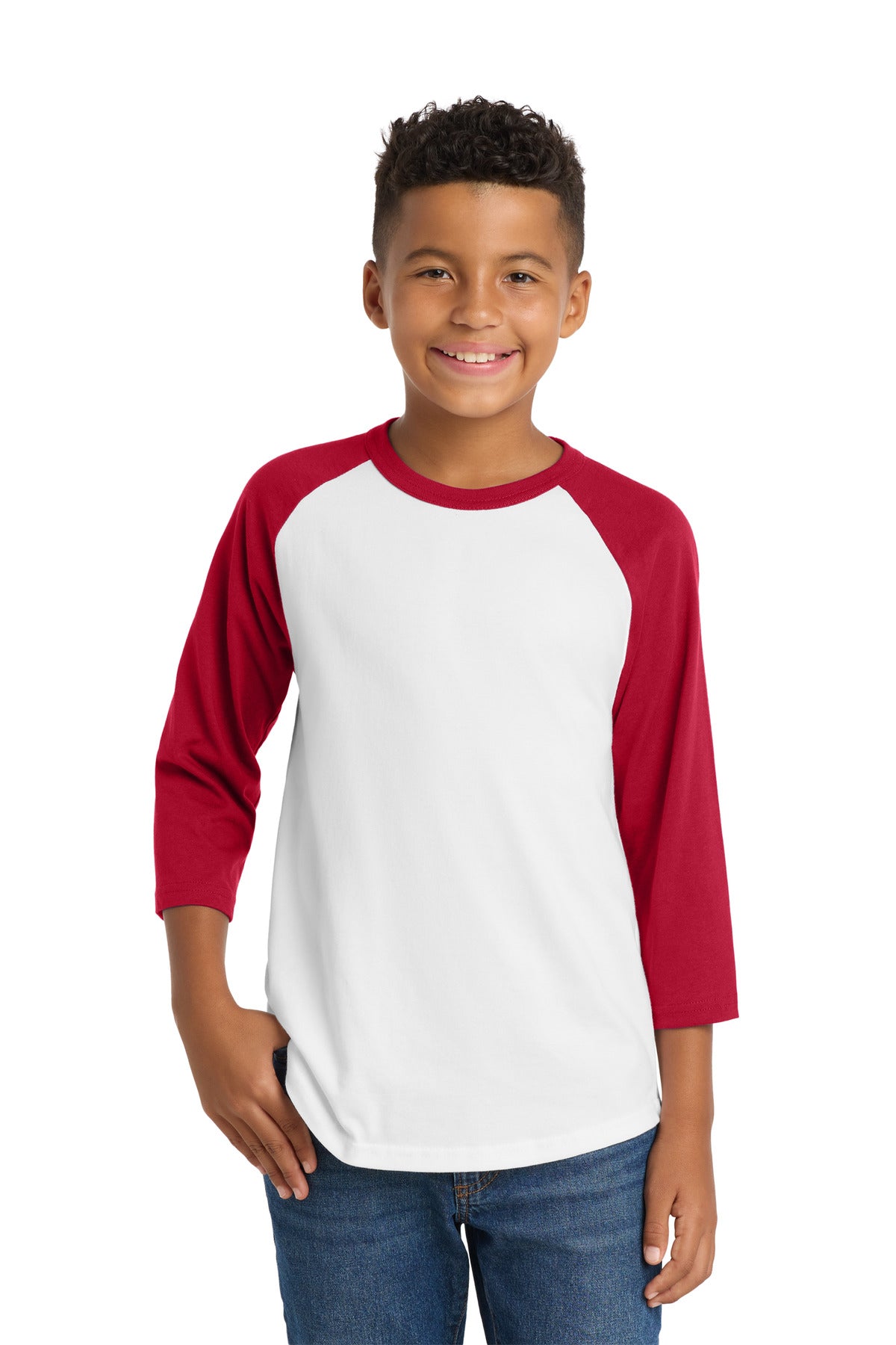 Custom logo Sport-Tek® Youth Colorblock Raglan Jersey.  YT200 in White/ Red