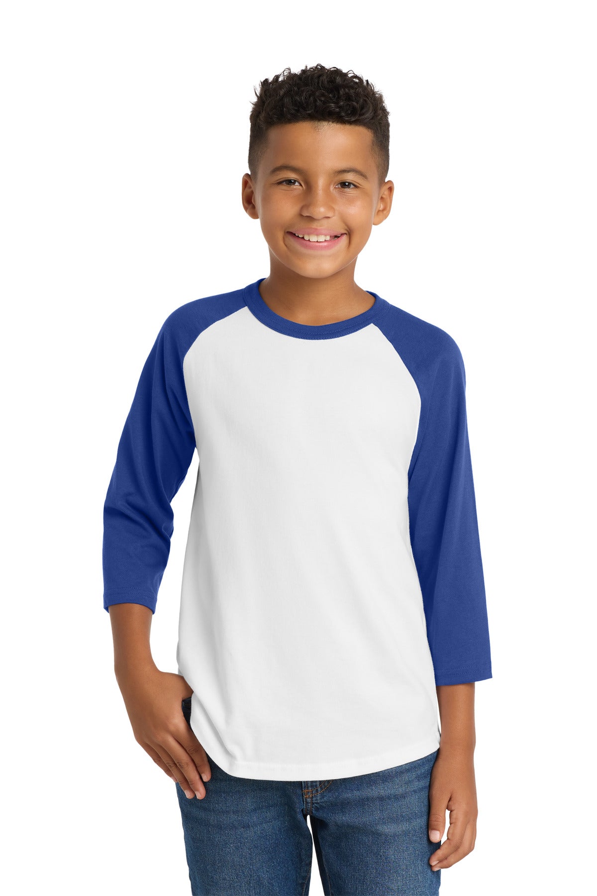 Custom logo Sport-Tek® Youth Colorblock Raglan Jersey.  YT200 in White/ Royal