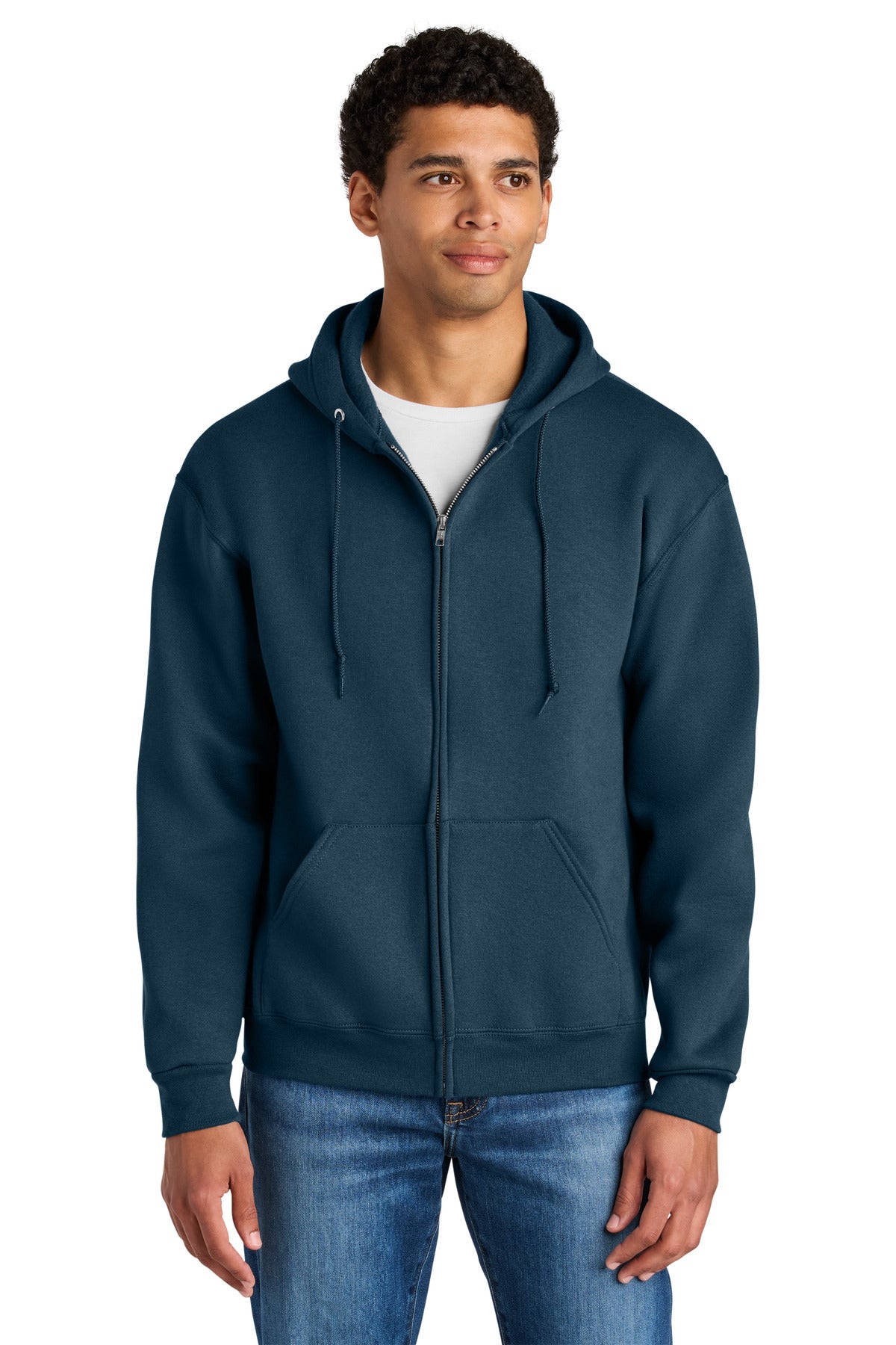 Custom logo Jerzees Rugged™ Unisex Full-Zip Hooded Sweatshirt Z12M in Washed Navy