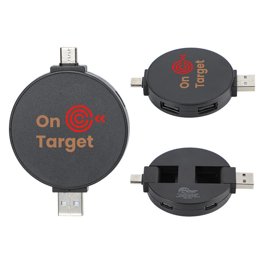 Custom logo Quad 4-Port USB-C & USB-A Hub with Recycled ABS Case