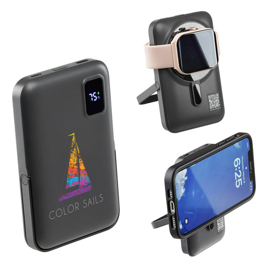 Custom logo Regal 10000mAh 20W PD Power Bank w/15W Magnetic Wireless Charger, Watch Charger & Phone Stand
