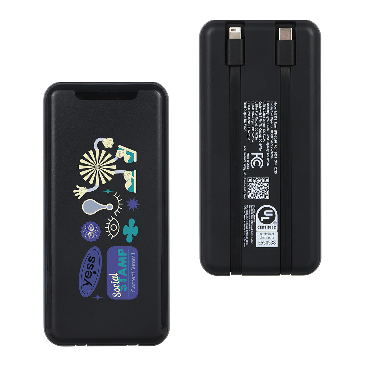 Squire 10000mAh UL Listed Power Bank with Built-In Charging Cables