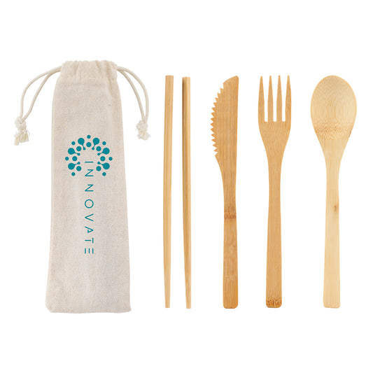 Custom logo Bamboo Cutlery Set In Cotton Drawstring Pouch