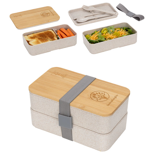 Custom logo Double Decker Lunch Box with FSC® Bamboo Lid & Utensils