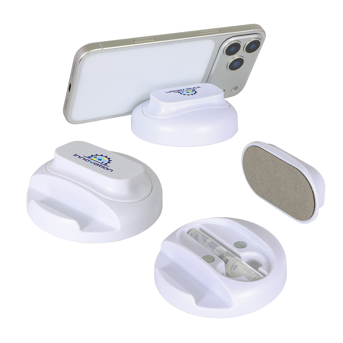 Asana Phone Stand with Built-In Screen Cleaner & Spray